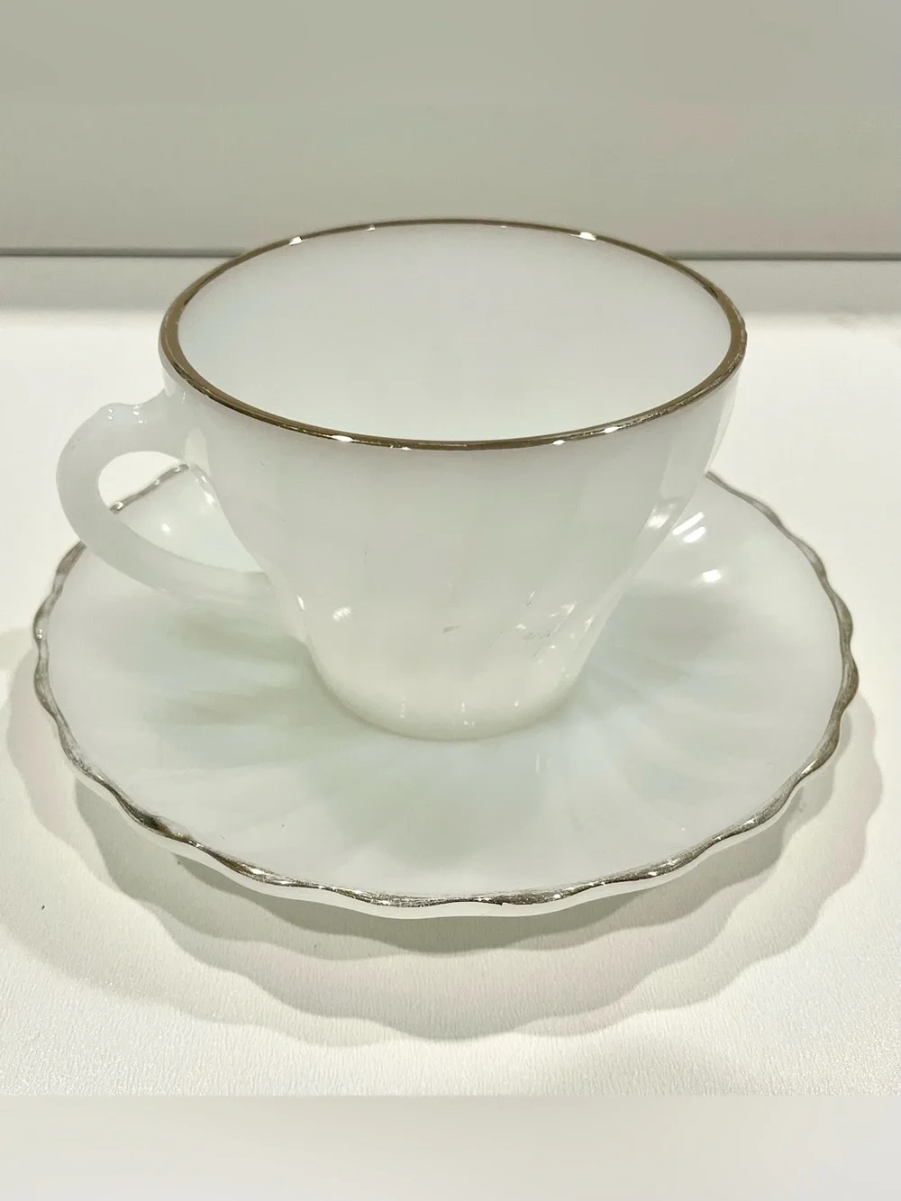 ☀️2/$20 Fire King Vintage Milk Glass Coffee Cup & Ridged Saucer | Silver Trim